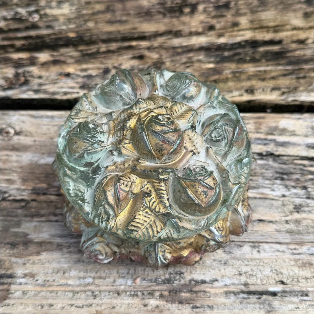 Antique Goofus Glass Vanity Powder Puff Jar Trinket Box Red & Gold Rose - Picture 5 of 9